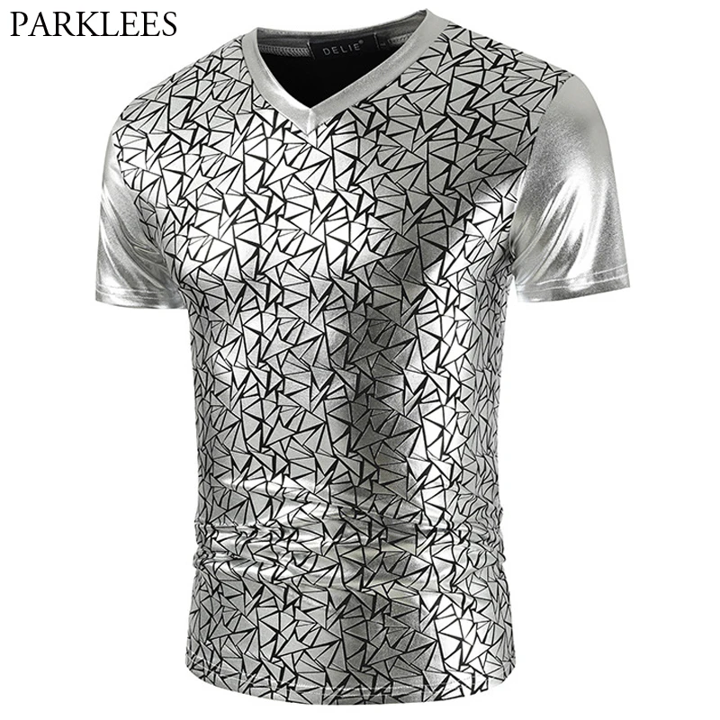 

Shiny Silver Metallic Nightclub Wear T Shirt Men 2023 Geometric Pattern Stage Prom T Shirts Mens Slim Fit V Neck T-Shirt Homm
