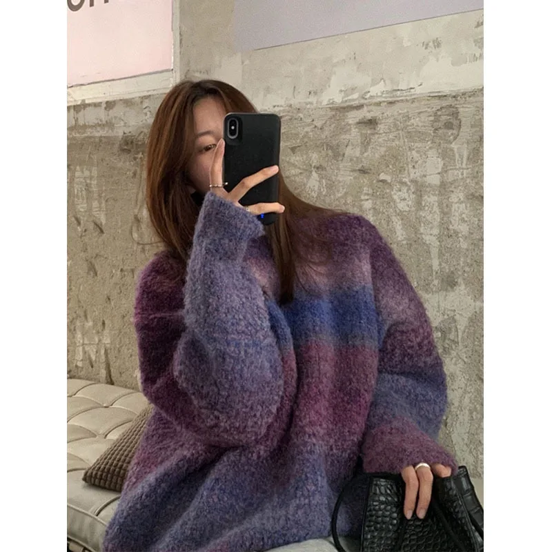 

Fannic Autumn and Winter Retro Loose Gradient Patchwork Wool Knitted Pullover Crew Neck Sweater Women