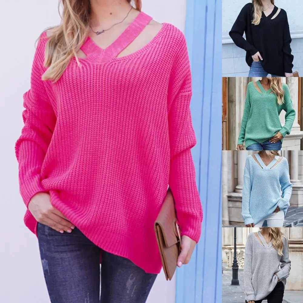 

Solid Color Knitted Sweaters Women Sexy Hollow V Neck Sweaters for Women Autumn Winter Loose Knitted Tops Pullovers pull femme