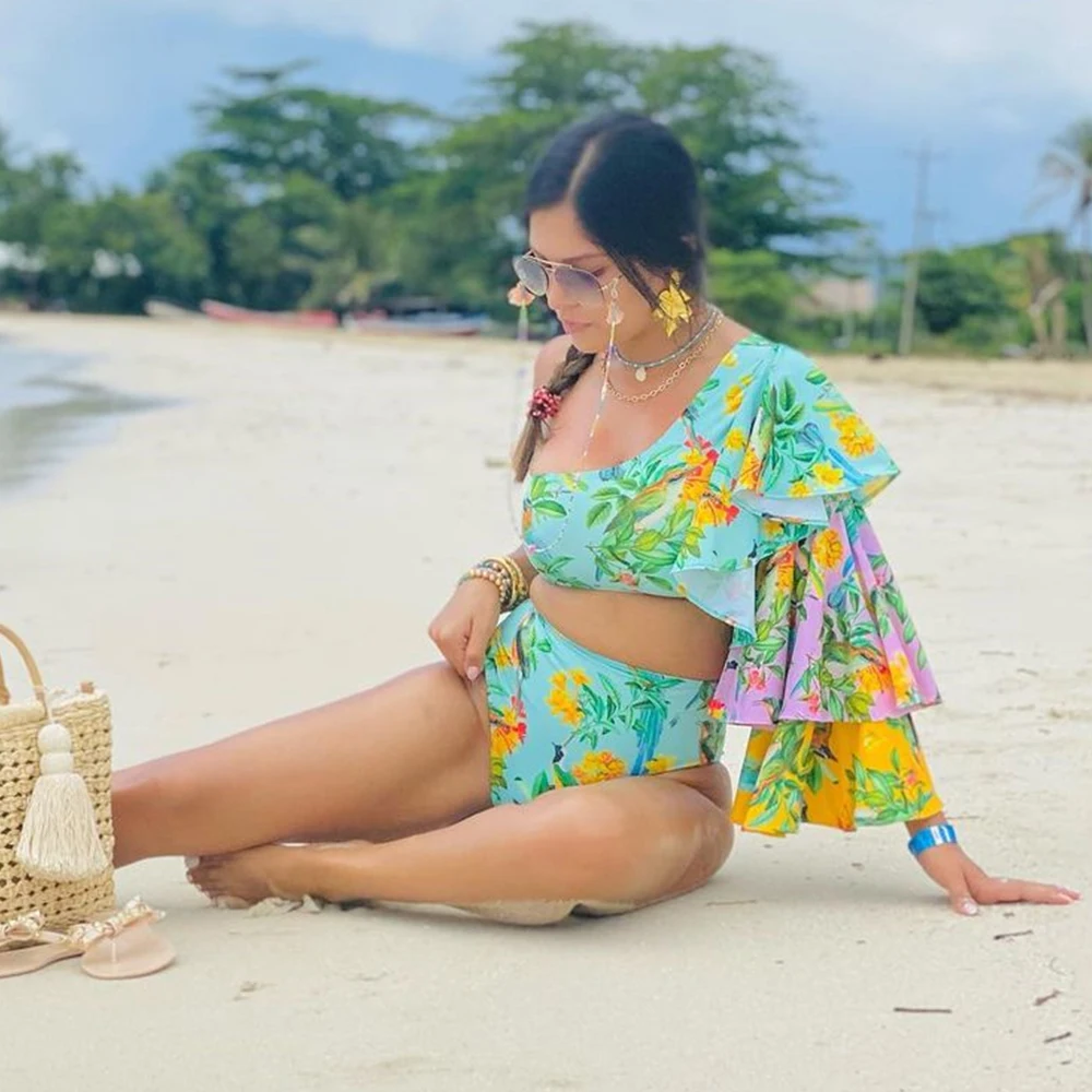 Sexy Long Sleeve Bikini 2021 One Shoulder Ruffle Swimsuit High Waist Swimwear Women Print Bathing Suit Beach Wear Swim | Женская одежда