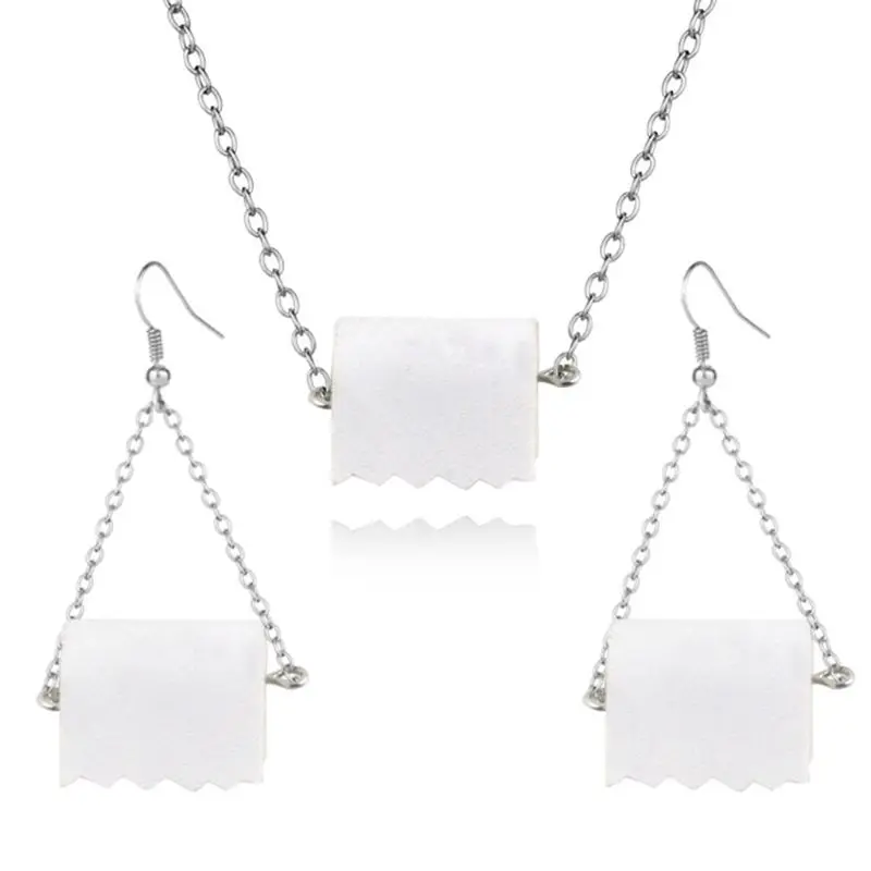 

Roll Paper Dangle Drop Earrings Necklace Funny 3D Tissue Geometric Drop Earrings Creative Paper Towel Toilet Paper