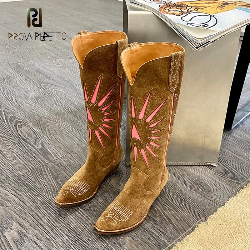 

Autumn / Winter New Suede Embroidered Boots Women's Knee-length High Barrel Thick Heel Leather Retro Western Knight Cowboy Boots