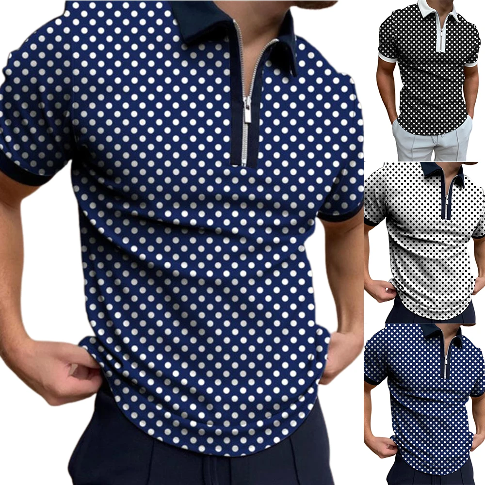 

Summer Mens Polka Dot Printed Polo Shirts Bussiness Short Sleeve Zip Lapel Collar Casual Tops Ropa Para Hombre