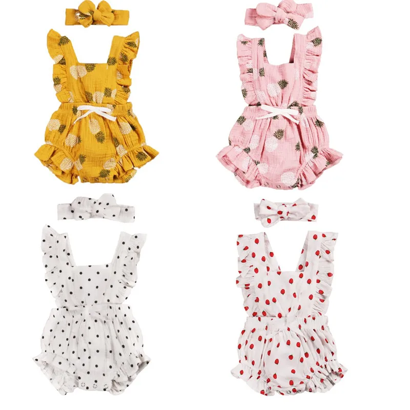 

0-24M Newborn Baby Girls Ruffles Romper Backless Flower Sunsuit Jumpsuits With Headband 2pcs Baby Summer Clothing