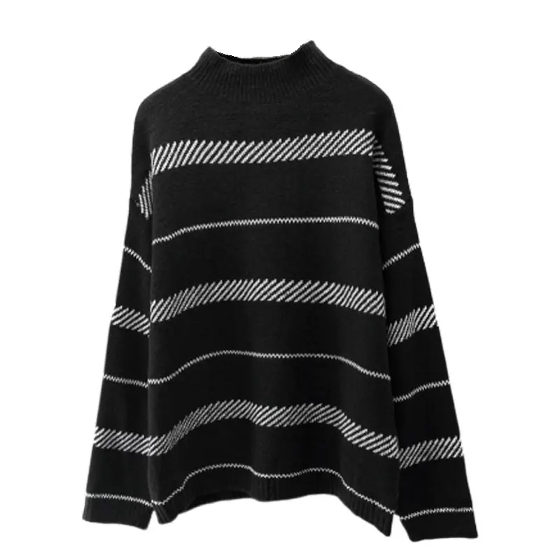 

Striped Knitted Women Sweater And Pullovers Loose Thicken Warm All Match Casual Female Pulls Tops