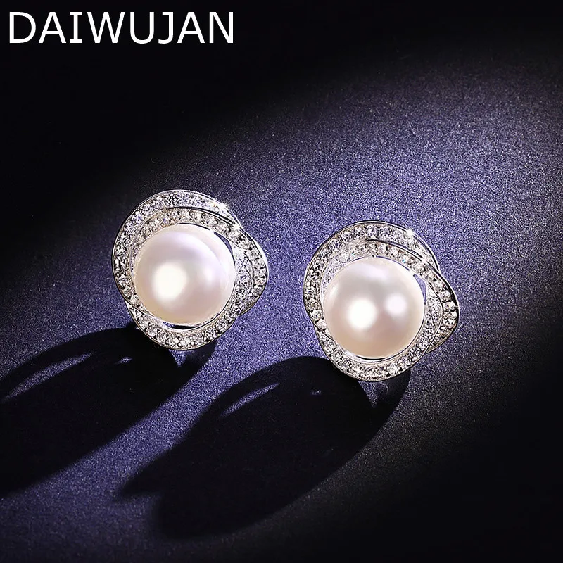 

High Quality 925 Sterling Silver Freshwater Pearl Earrings Rose Gold Luxury Zircon Twist Stud Earring For Women Wedding Jewelry
