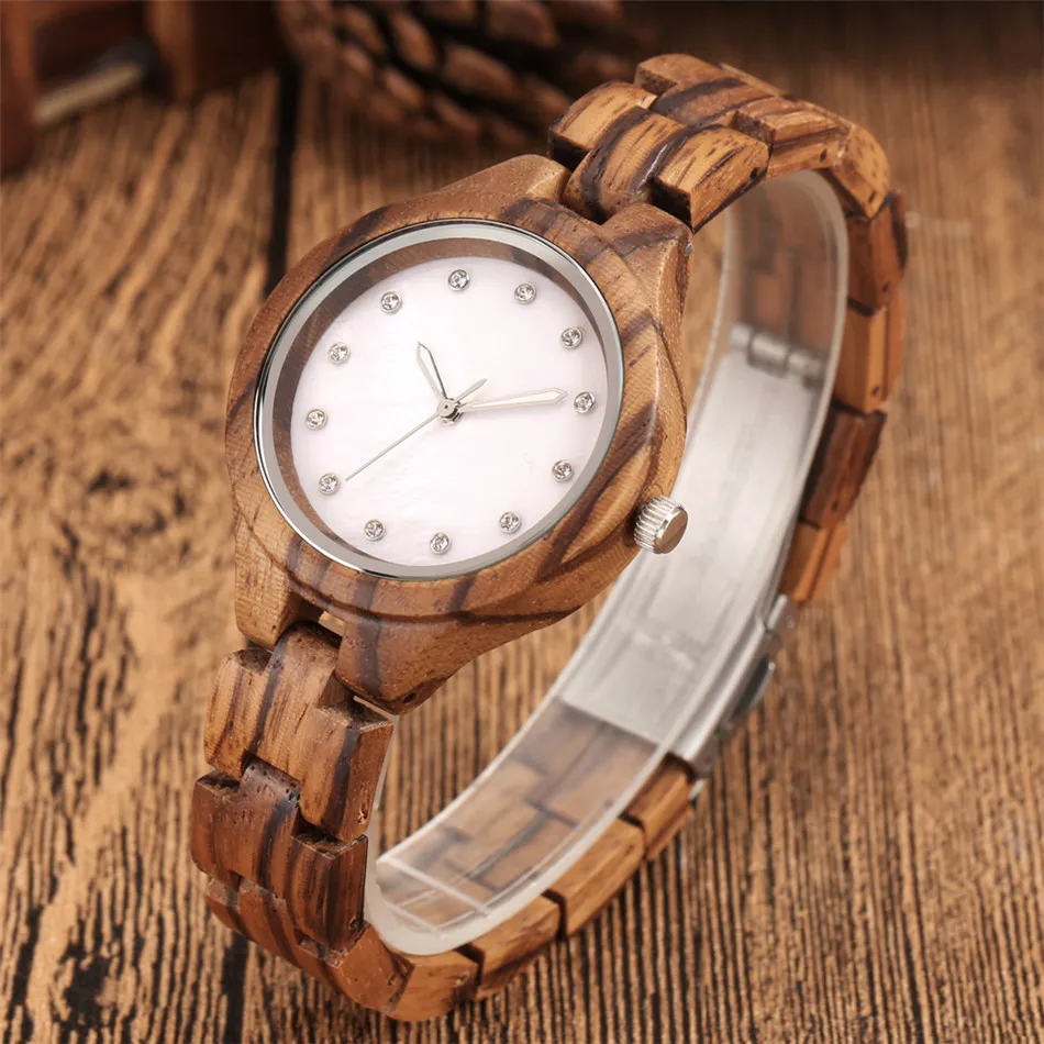 

Luxury Rhinestones Design Women's Watches Natural Wooden Bangle Wristwatch Folding Clasp Ladies Wood Quartz Timepiece New 2021