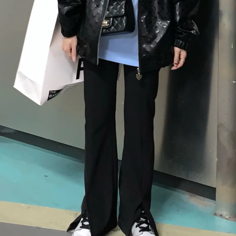 

Черные повседневные брюки с разрезом, новинка 2021, облегающие брюки с высокой талией и микро-колокольчиком, свободные брюки с широкими штани...