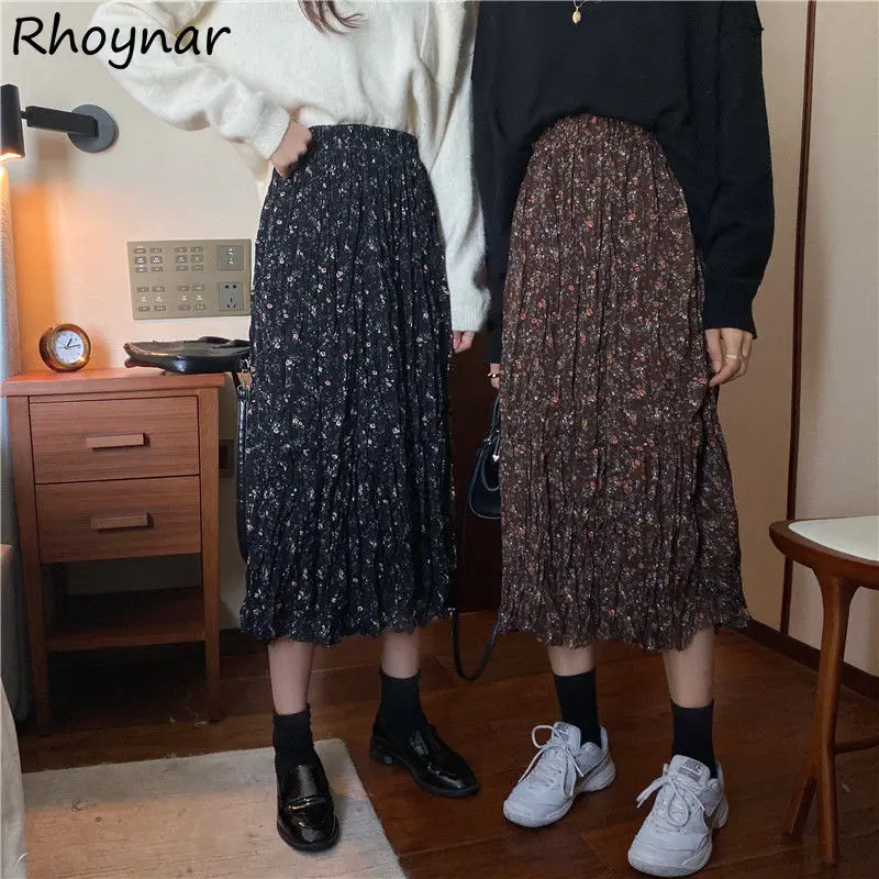 

Skirts Women Tender All Match Preppy Ulzzang Thin A-line Folds Printed Sweet Retro Mid-calf Casual Trendy Female Vintage Chic