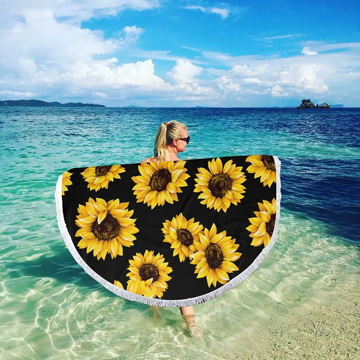 저렴한 마이크로 화이버 라운드 비치 타월 59 인치, 숄 요가 매트 해바라기 패턴 서클 비치 매트, 태슬 포함 다목적 비치 타월