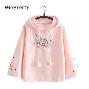 Женская толстовка с капюшоном Merry Pretty, розовая толстовка с цветочной вышивкой, с расклешенным рукавом, бархатная толстовка, милые пуловеры, зима 2020