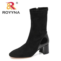 royyna 2022 new designers luxury brand women block high heels mid calf boots winter female round toe chelsea boots fashion shoes