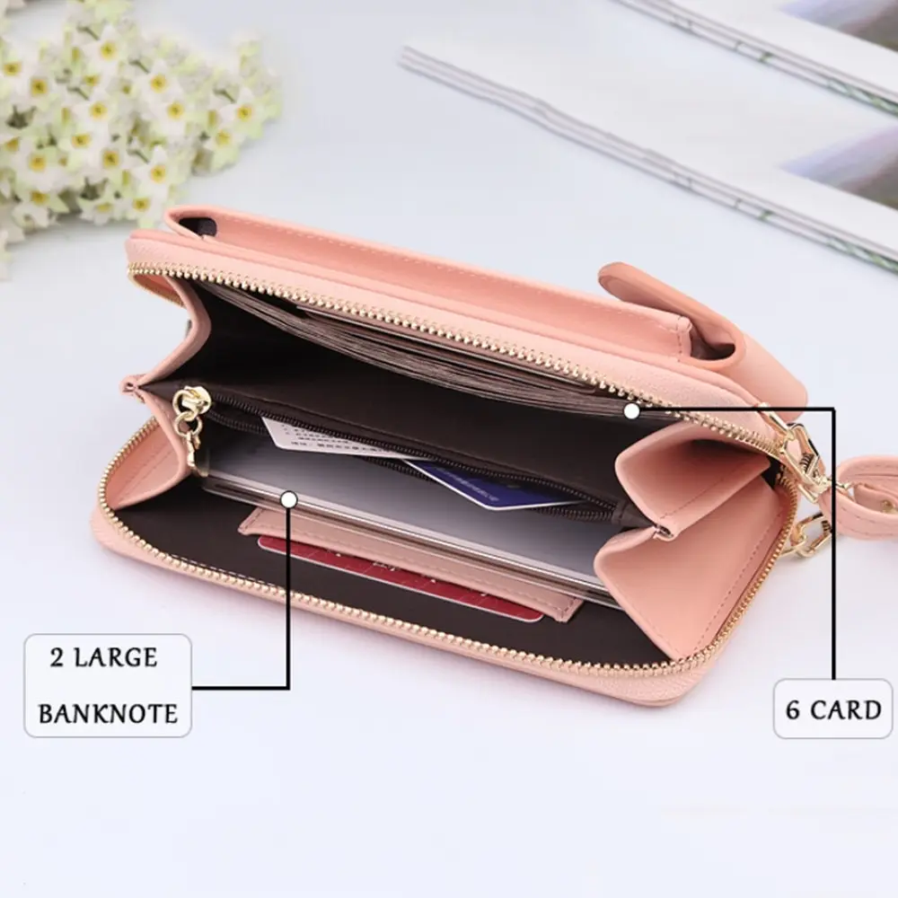 

New Women Purses Solid Color Leather Shoulder Strap Bag Mobile Phone Big Card Holders Wallet Handbag Pockets for Girls