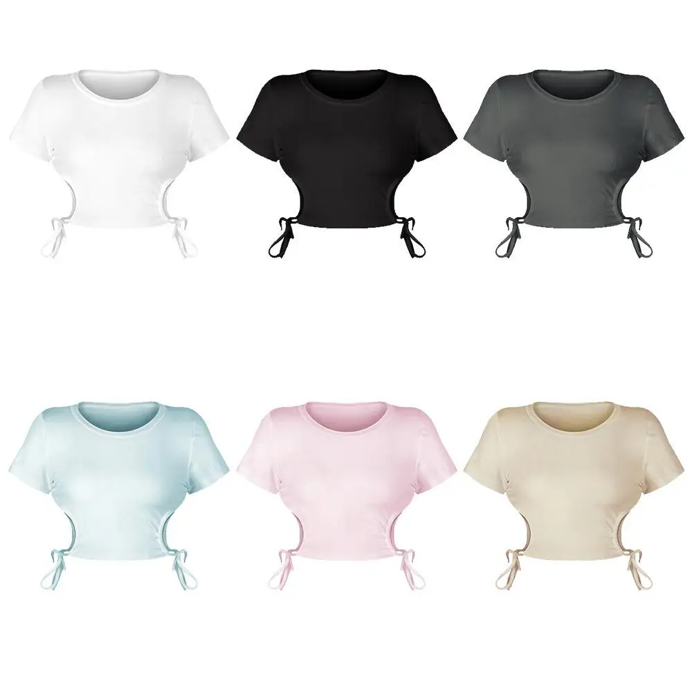 

Новинка лета, Однотонный женский дышащий топ с коротким рукавом и круглым вырезом, Модный укороченный ультракороткий топ с боковым поясом