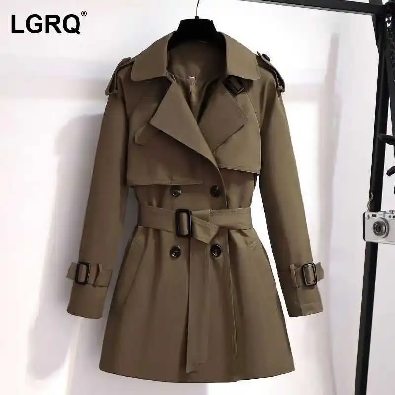 

[LGRQ] Women's Double Breasted Trench New Lapel Long Sleeve Loose Fit Windbreaker Fashion Tide Spring Winter 2021 19D5153