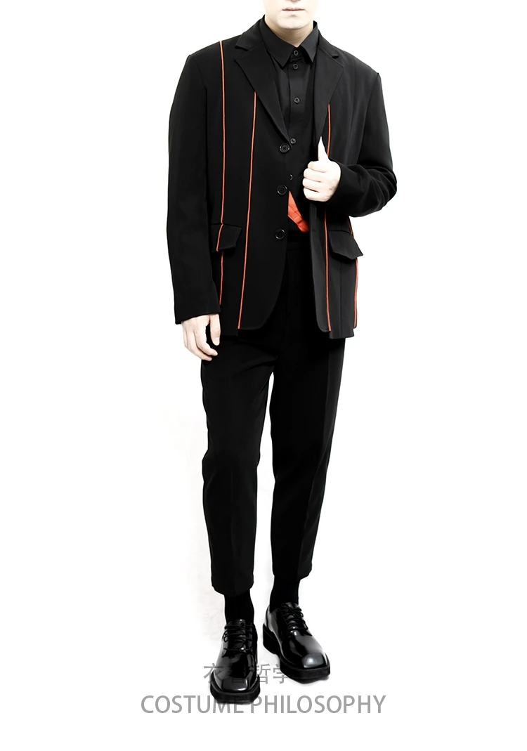 

M-6XL!arge size customized fashion patchwork red strip single breasted loose dark suit for men.