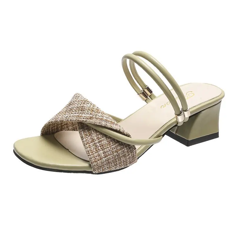 

Female Shoes Lady Low Slippers Heels Slides Fashion Square heel 2021 Girl High Summer Luxury Block Scandals Rome Fabric Pumps PU