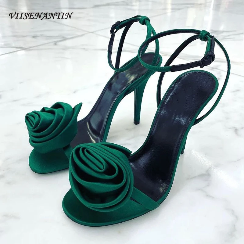 

Модные пикантные шелковые Сатиновые сандалии с цветочным принтом на высоком каблуке с круглым носком на плоской подошве с открытым носком ...