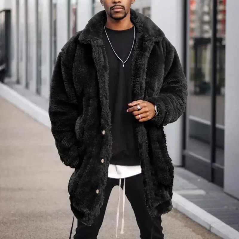 

Men's Plush long coat Mid-length Black Fashion Casual High Quality High Street Loose Warm Lapel Long SleeveJacket Winter 2021
