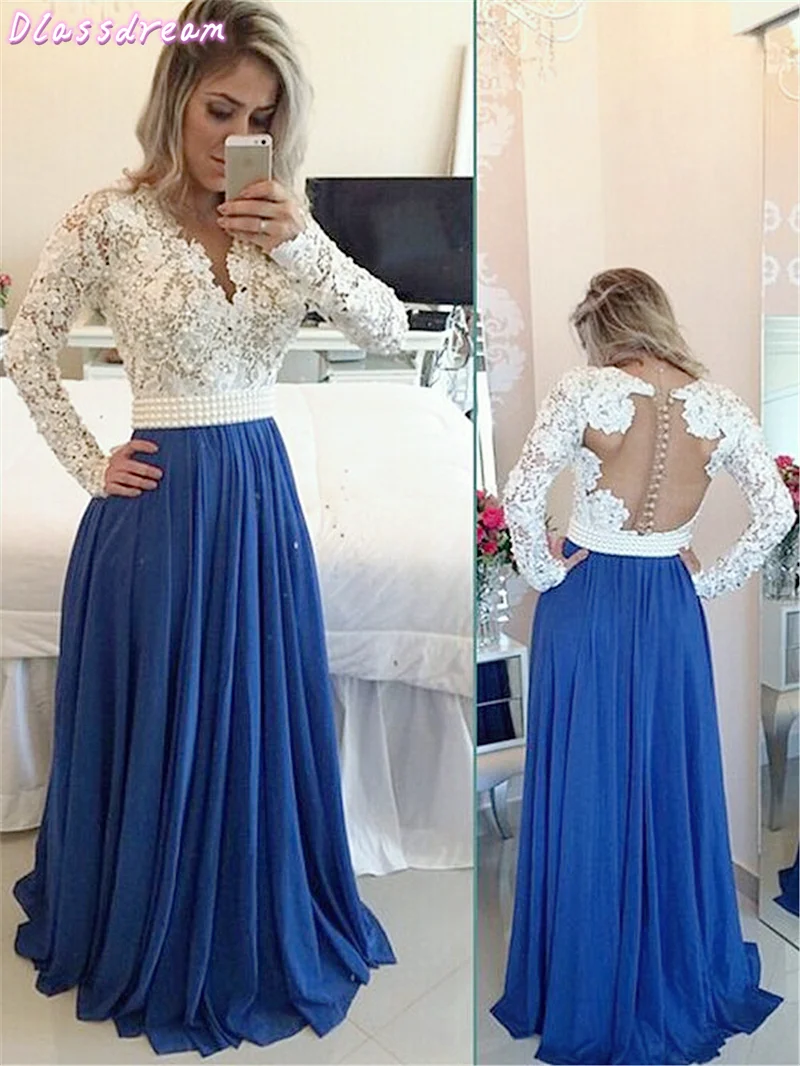 

Royal Blue Prom Dress White Laces Full Sleeves Illusion Back V-neck Buttons Pearls Evening Dress فساتين السهرة robe de soiree