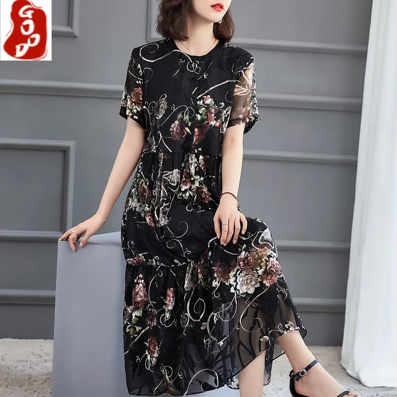 

High Quality Silk Dress Women Summer Floral Elegant Dress Female Casual Midi Ladies Dresses New 2021 Vestido De Mujer 743