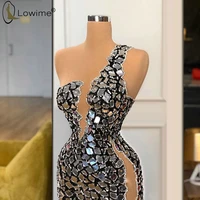 Sexy One Shoulder Full Crystals Silver Mermaid Evening Dresses High Side Split Floor Length Robe De Soiree Prom Party Gowns