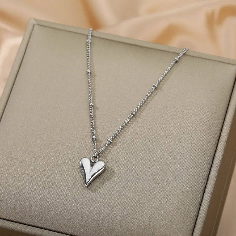 

Elegant Sliver Color Heart Pendant Necklace For Women Girls Gold Stainless Steel Beads Chain Charm Love Choker Collar Jewelry