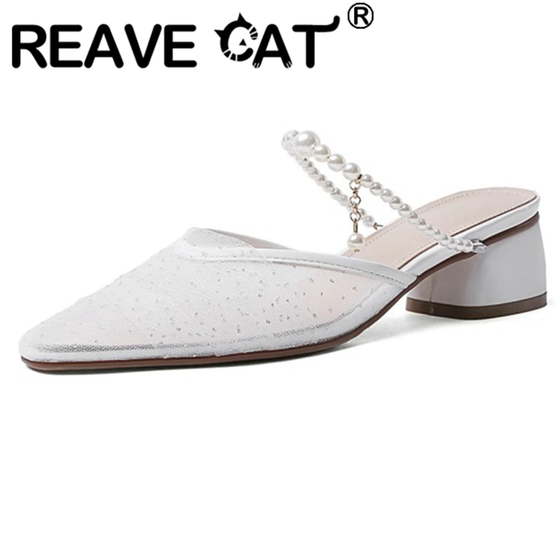 

REAVE CAT/2021 Комфорт плюс стразы женские босоножки блестящая обувь из сетчатого материала с острым носком Бисер 4,5 см с петлей на пятке US8 цвет аб...