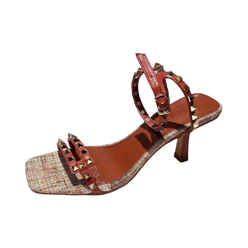 

Ins fairy style sandals women's thin heel 2020 new Korean versatile one word rivet fashion high heels women's trend