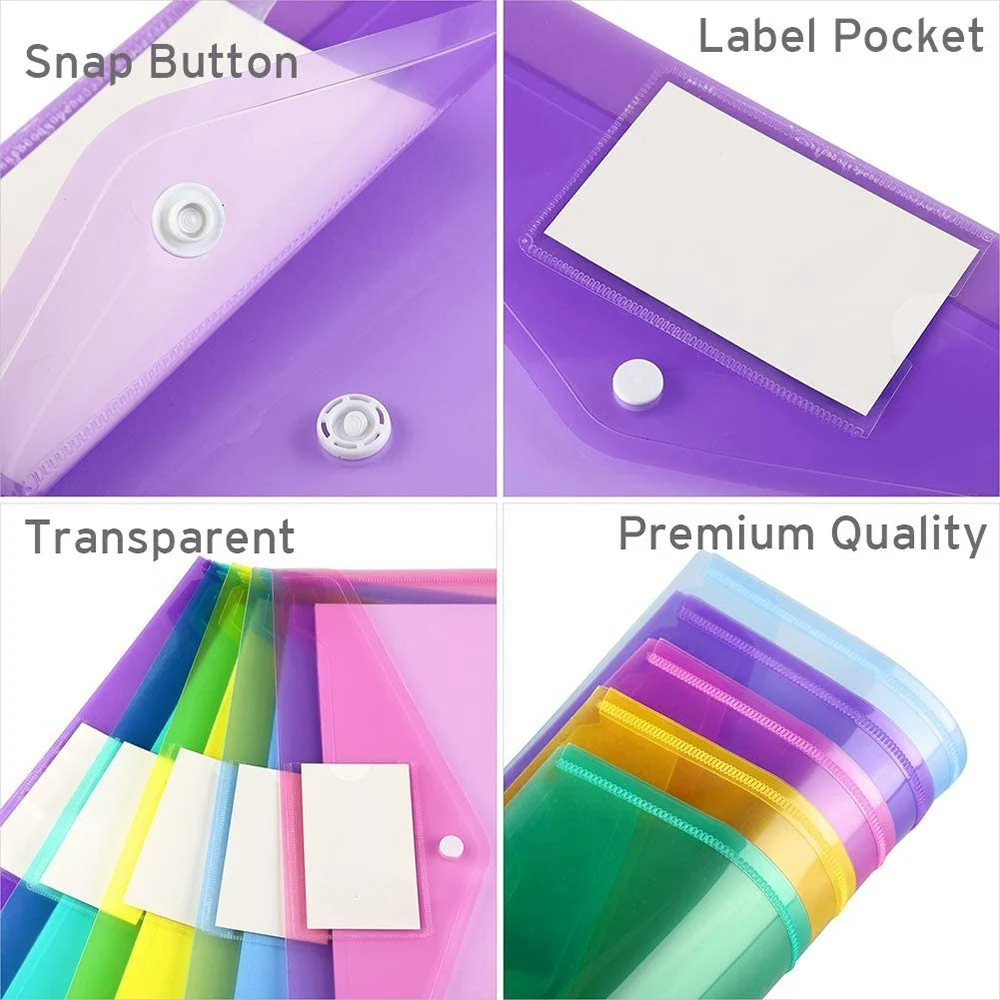 10 Pack Document Folders with Label Pocket & Snap Button Plastic Envelopes File for School Home Work Office Organization | Канцтовары