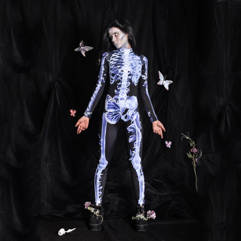 Женский комбинезон для косплея, эластичный комбинезон с принтом скелета на Хэллоуин, 2022