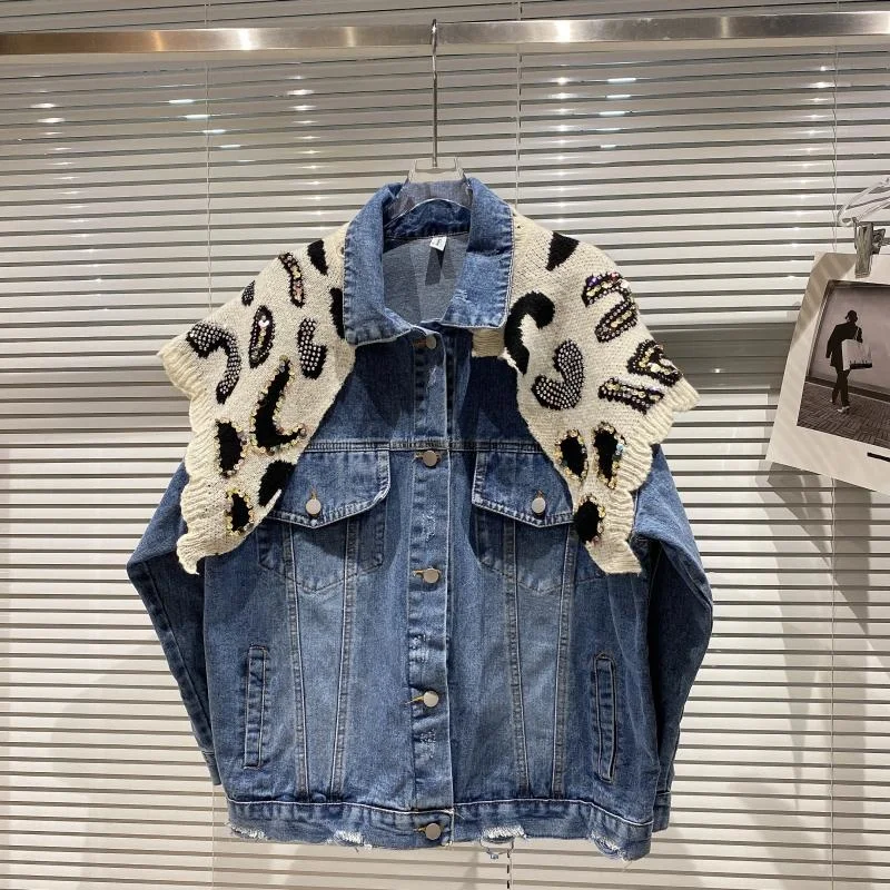 

Leopard Knitted Shawl Double Pocket Wash Denim Jacket Women 2021 Autumn New Fashion Short Coat Fashion