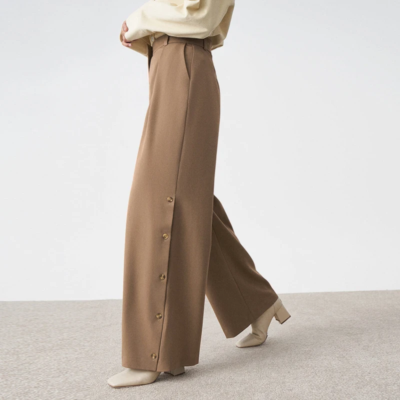 

Свободные женские брюки с высокой талией, Осенние тонкие широкие драпированные модные повседневные брюки на пуговицах