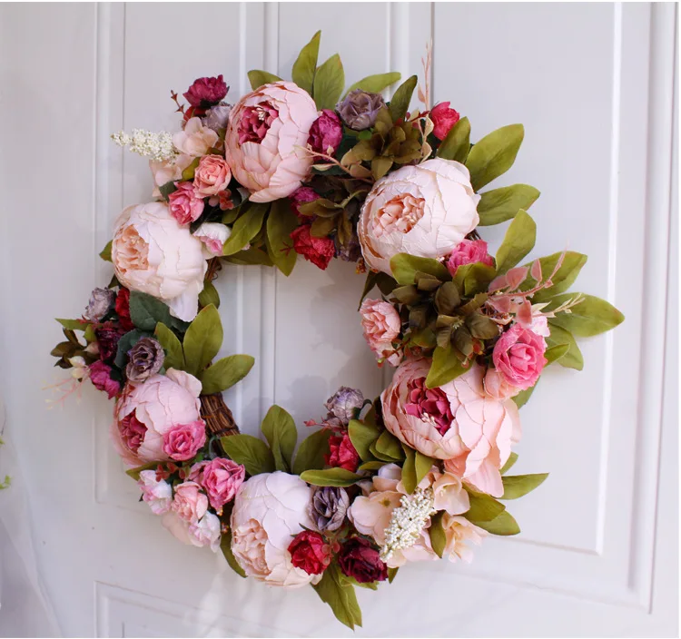 

European Style Peony Wreath Retro Door Lintel 40cm Artificial Flowers Welcome Wreath Door Ornaments Christmas Party Wedding