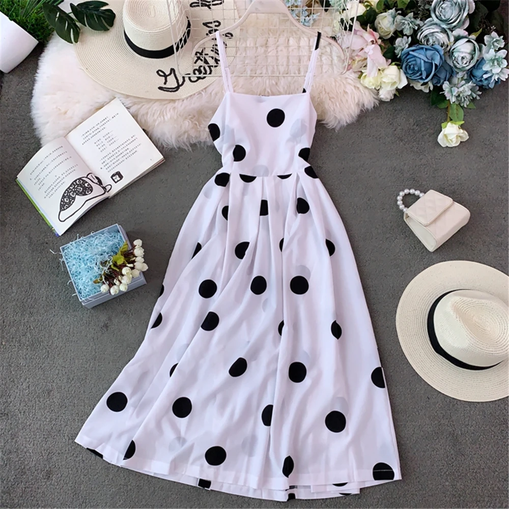 

Women Polka Dot Sling Summer Dress Sexy Backless Midi Dresses Beach Holiday Sundress Vestidos Female Robe Woman Clothing 2021