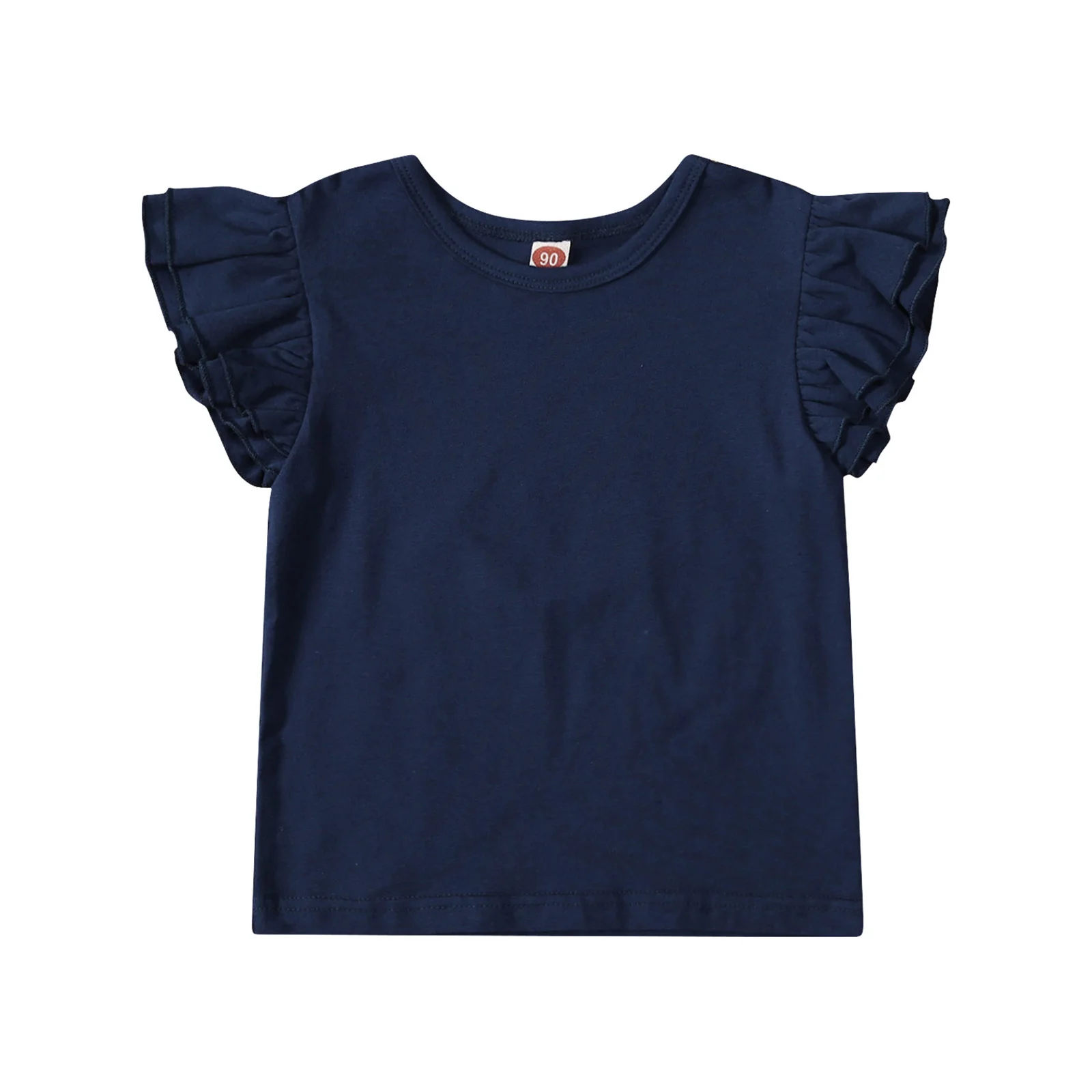 

Топы для маленьких девочек, футболки, летняя футболка, милые однотонные хлопковые топы с оборками на рукавах и круглым вырезом, темно-синие