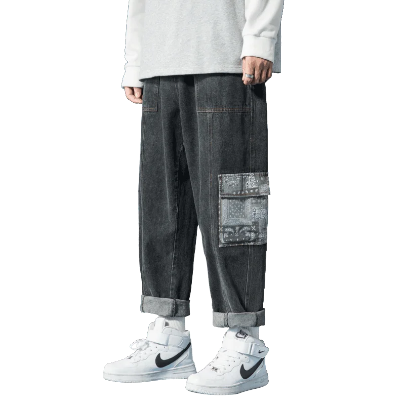 

Korean Style Loose Plus Size Jeans Elastic Belt Hip Hop Straight Denim Pants Men Clothing 2020 Fashion Kpop Clothes Streetwear