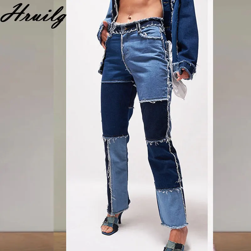 

Streetwear Stitching Contrast Color Fashion Trendy Loose Jeans Women Casual Personalized Pantalones Pocket Vaqueros Mujer