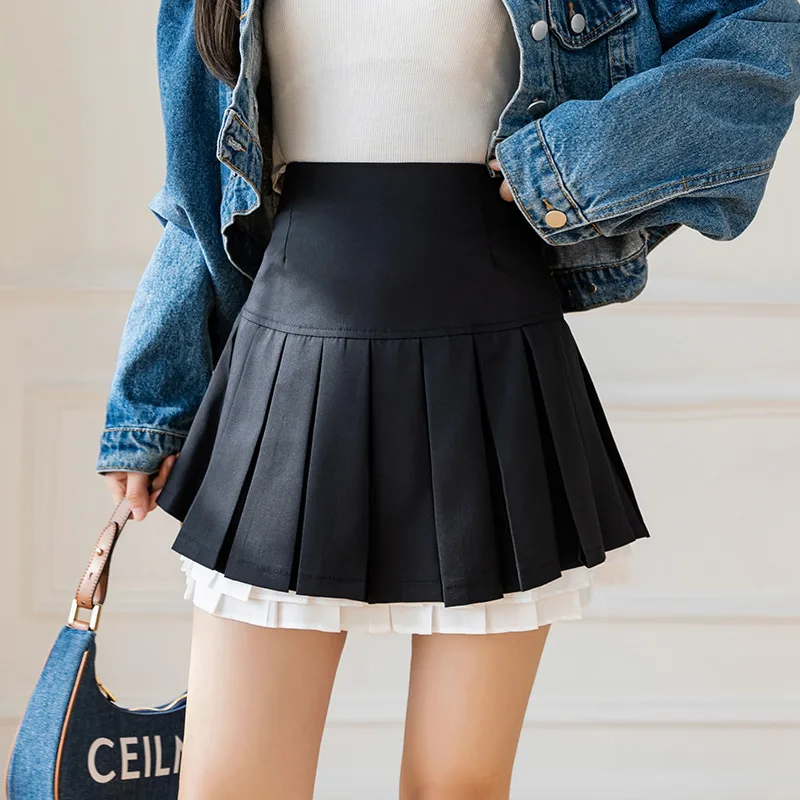 

Limiguyue Black Gothic Double Layer High Waist Pleated Skirts Cute Sweet Women A Line Skirt Y2K Casual Mini Saia Preta K3132