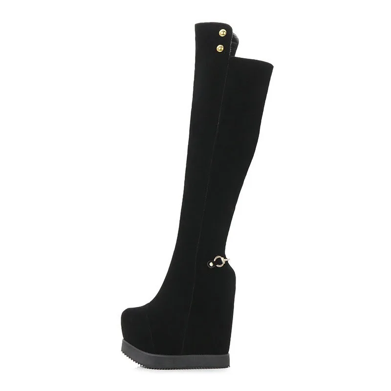 

PRETO BRANCO Women Winter Wedges Knee High Black Boots Women's Slim Super Tube Plus Velvet Thick Bottom High Boots ZYW