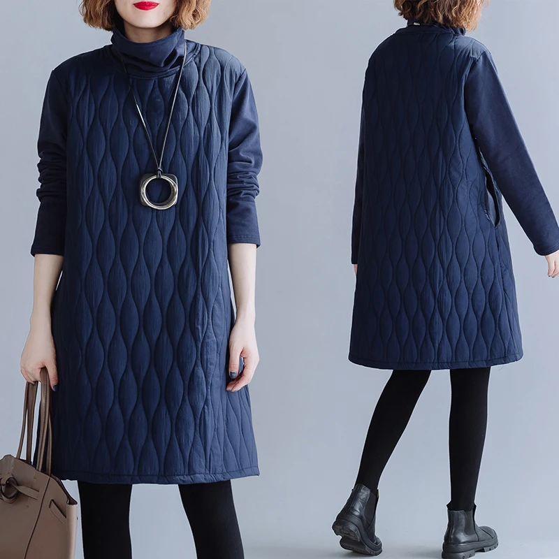 Зимнее теплое стеганое платье с высоким воротником Элегантное повседневное