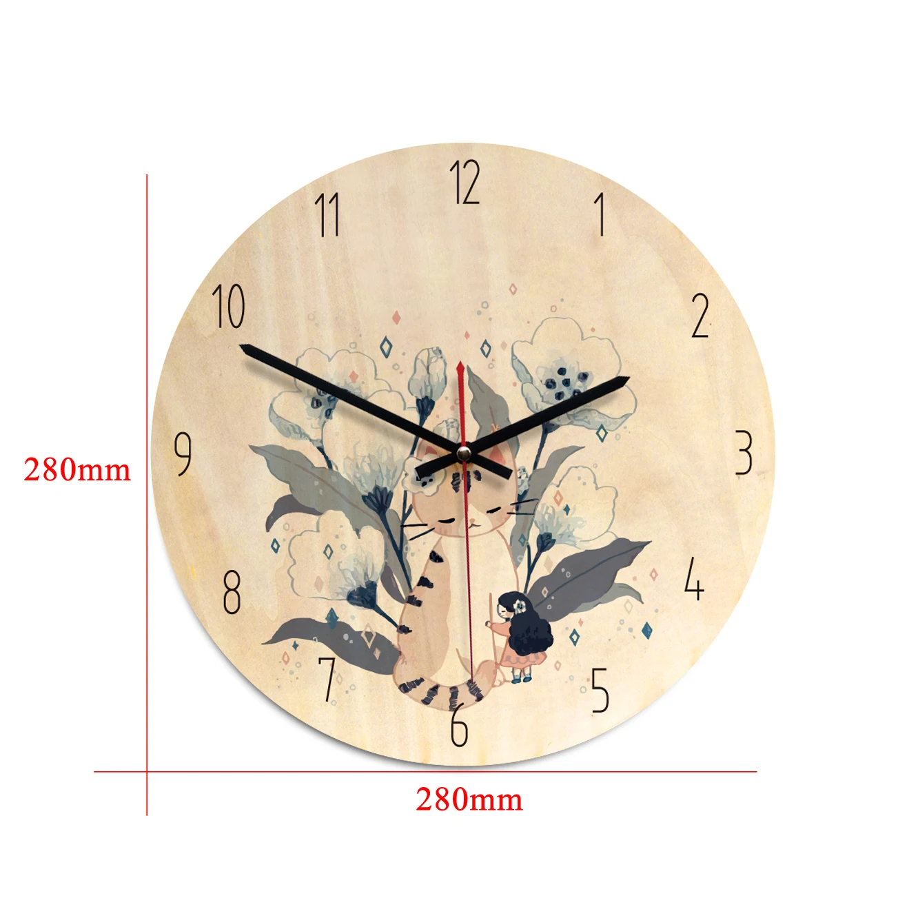 

wall clock Wooden Material Nordic Style Printed 28cm Diameter Creative Round Frameless Silent Movement Living Room Decoration