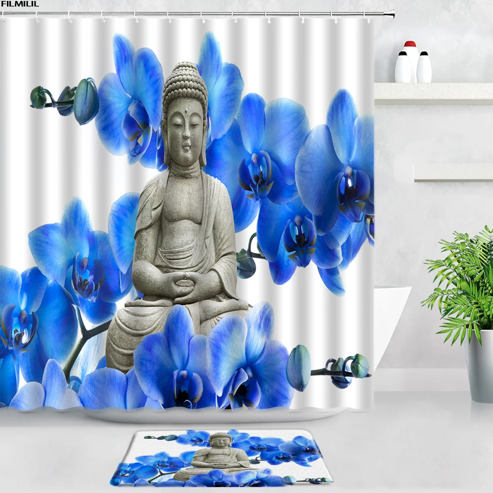 zen green bamboo buddha shower curtains bath mats set black stone flowers garden scenery bathroom carpet non slip rug home decor free global shipping