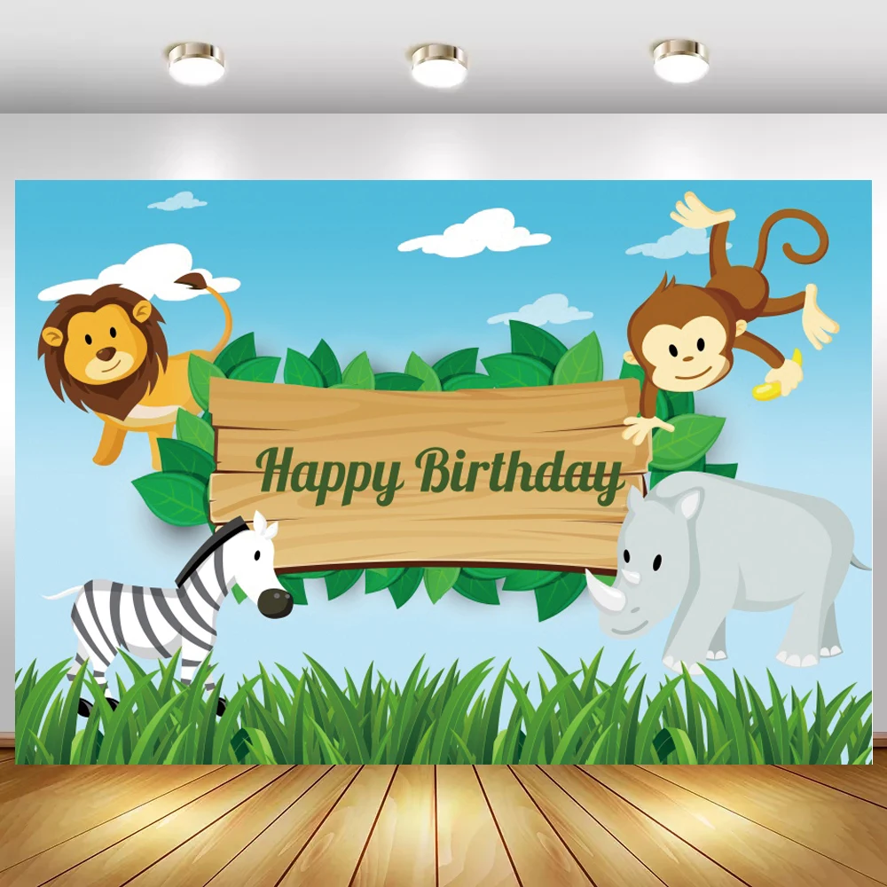 

Green Grassland Blue Sky Cartoon Lion Monkey Kids Birthday Backdrops Animals Newborn Baby Shower Table Decor Photo Backgrounds
