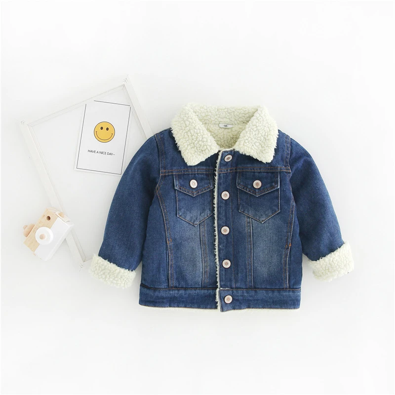 

Children's denim jacket plus velvet jacket autumn and winter warm jacket boys and girls lapel outing clothes