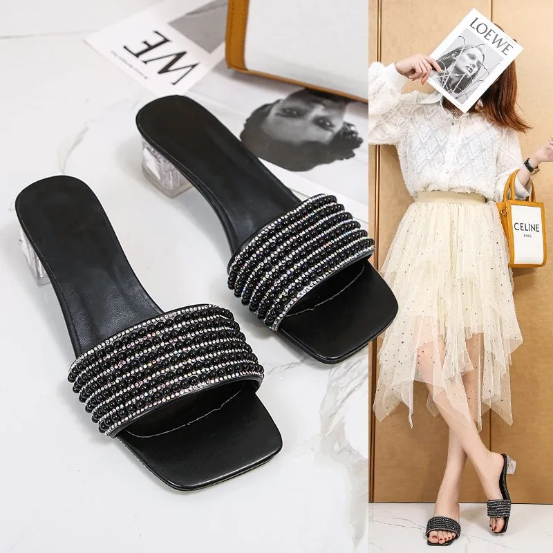 Summer Mid-heel Rhinestone Transparent Women's Slippers 2022 New Crystal High-heeled Sandals Fashionable Sexy Large Size 35- 45