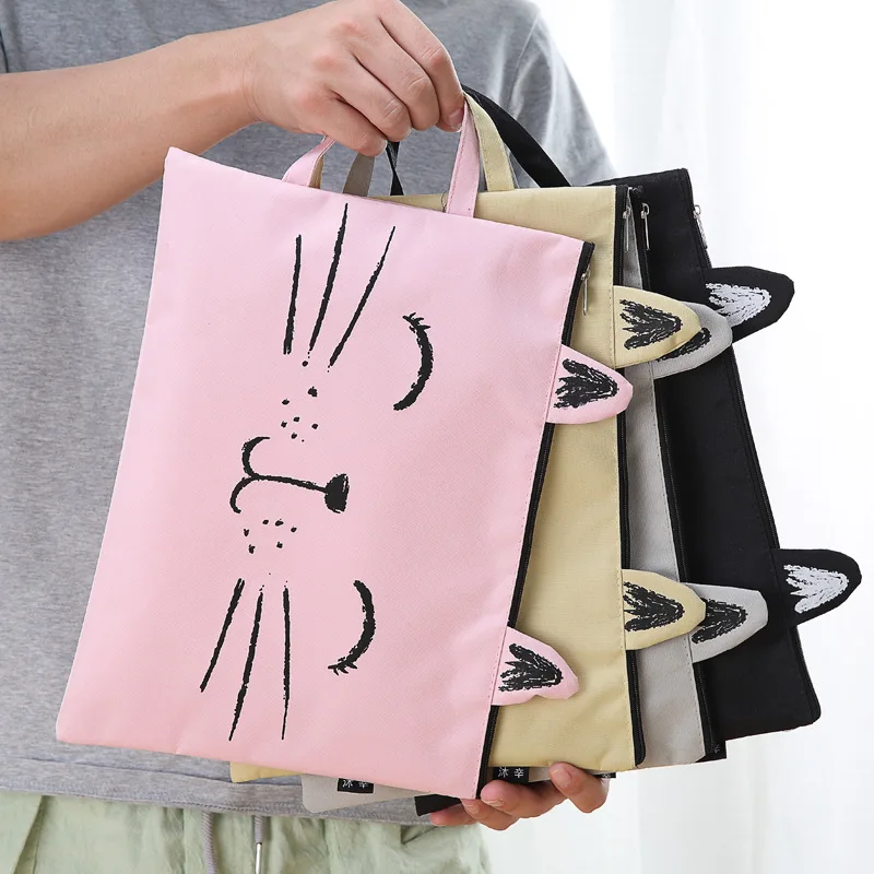 

1pc Cute Cat File Bag Cartoon Canvas Zipper Document Bag Bill Folder Large Capacity Handbag Storage Wallet Office Stationery