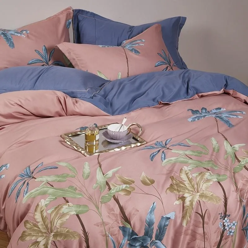 للبيع طقم غطاء لحاف كوين 100% قطن ، طقم سرير ناعم ، أصفر ، وردي ، أوراق النخيل الاستوائية ، غطاء لحاف ، ملاءة سرير ، أكياس وسائد