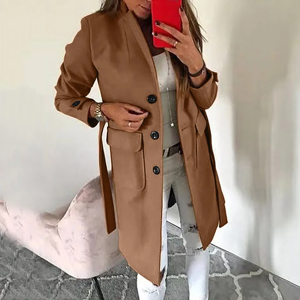Khaki Womail пальто из искусственной шерсти для девочек элегантное однотонное приталенное Женское пальто на пуговицах размера плюс 5xl Повседневная теплая верхняя одежда с карманами - Цвет: Khaki