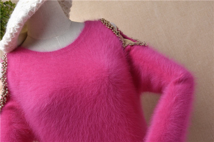 

Girls woman fashion sweet winter long beading shoulder off mink cashmere slim pullover blouses angora fur knitted jumper dress